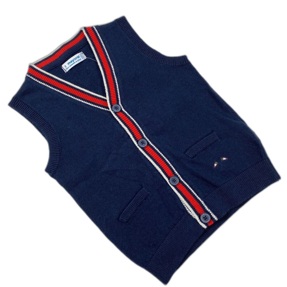 Mayoral Boys Sweater Vest Wool Blend Navy Preppy Knit Button Sz 3 NWT Style 4320